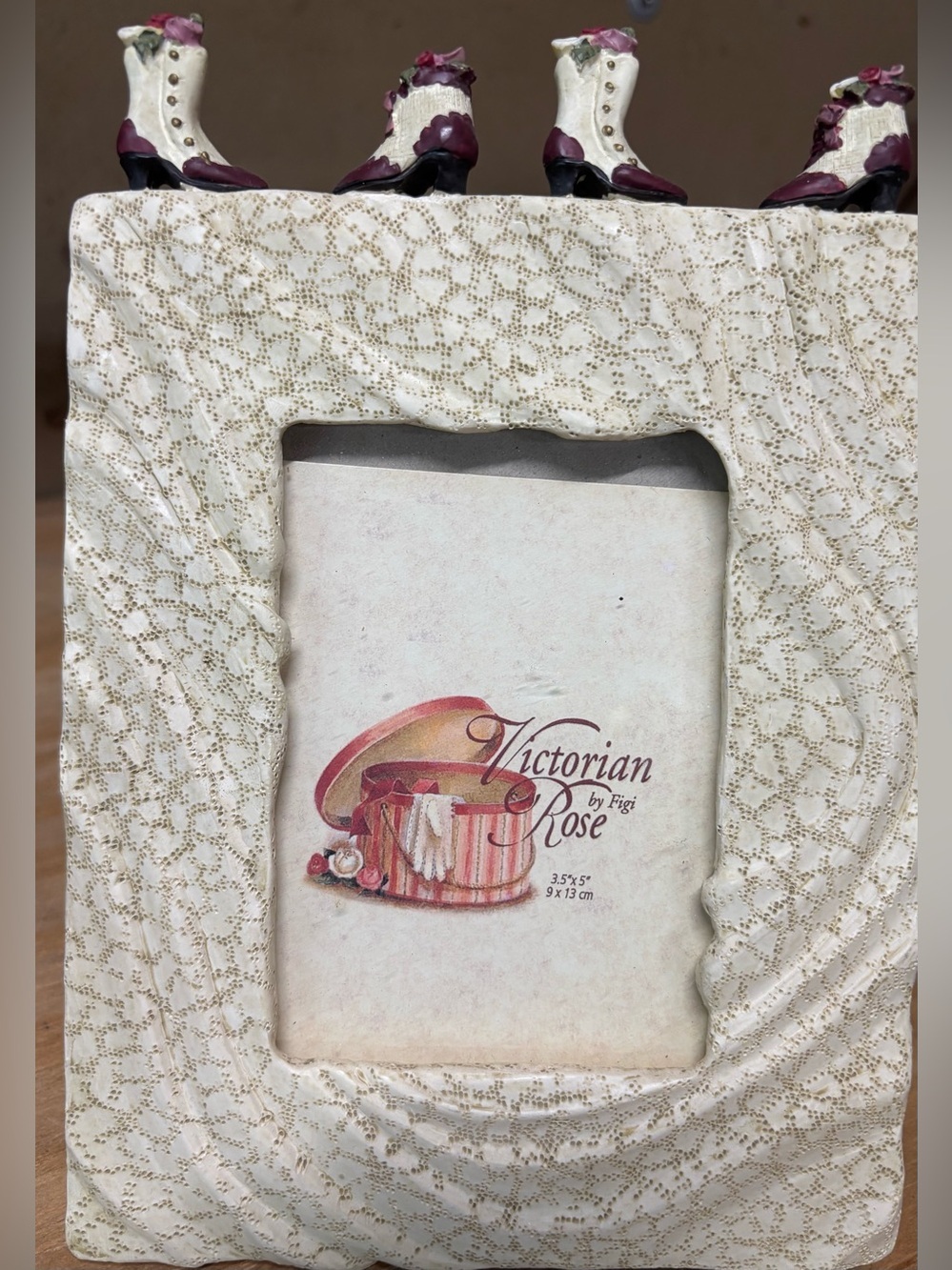 Victorian Rose Lace Photo Frame with Victorian Boots Topper, Shabby Chic Cottage